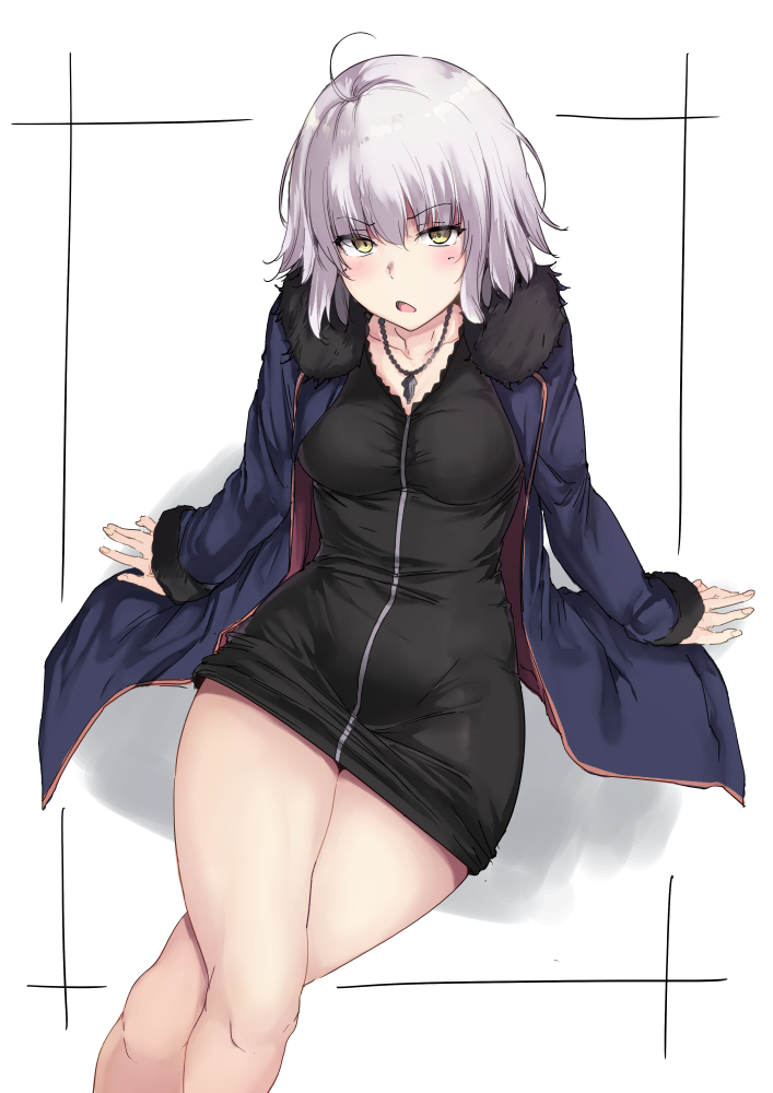ahoge alp annoyed arm_support black_dress blue_coat breasts coat collarbone dress eyebrows_visible_through_hair fate/grand_order fate_(series) frame frown fur-trimmed_coat fur-trimmed_sleeves fur_trim groin jeanne_d'arc_(alter)_(fate) jeanne_d'arc_(fate)_(all) jewelry large_breasts leaning_back legs_crossed light_blush long_sleeves looking_at_viewer looking_up medium_hair necklace open_clothes open_coat open_mouth simple_background sitting thighs v-shaped_eyebrows white_background white_hair yellow_eyes