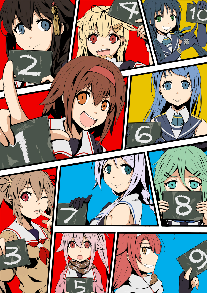 6+girls :&gt; :d alternate_costume bangs bare_shoulders black_gloves black_hair black_neckwear black_ribbon black_serafuku blonde_hair blue_eyes blue_hair blue_ribbon braid breasts brown_eyes brown_hair brown_sweater closed_mouth collared_shirt covering_mouth elbow_gloves eyebrows_visible_through_hair fingerless_gloves gloves green_eyes green_hair grin hair_between_eyes hair_flaps hair_ornament hair_over_shoulder hair_ribbon hairband hairclip harusame_(kantai_collection) hat holding holding_sign kantai_collection kawakaze_(kantai_collection) long_hair long_sleeves looking_at_viewer low_twintails mole mole_under_eye multiple_girls murasame_(kantai_collection) neckerchief number numbered one_eye_closed open_mouth parted_bangs pink_hair pink_sweater pointing red_eyes red_hairband red_neckwear redhead remodel_(kantai_collection) ribbon round_teeth samidare_(kantai_collection) scarf school_uniform serafuku shigure_(kantai_collection) shiratsuyu_(kantai_collection) shirt short_hair short_sleeves side_ponytail sign single_braid sleeveless sleeveless_shirt smile suzukaze_(kantai_collection) sweater teeth twintails umikaze_(kantai_collection) upper_body white_headband white_scarf yamakaze_(kantai_collection) yukimi_unagi yuudachi_(kantai_collection)