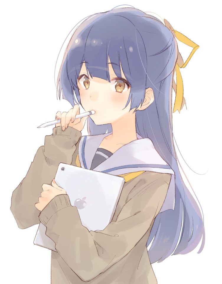 1girl bangs blue_hair blunt_bangs blush brown_eyes brown_sweater copyright_request eyebrows_visible_through_hair hair_ribbon holding horiizumi_inko ipad long_hair long_sleeves looking_at_viewer mouth_hold neckerchief ribbon school_uniform serafuku simple_background solo stylus tablet_pc upper_body white_background white_sailor_collar yellow_neckwear