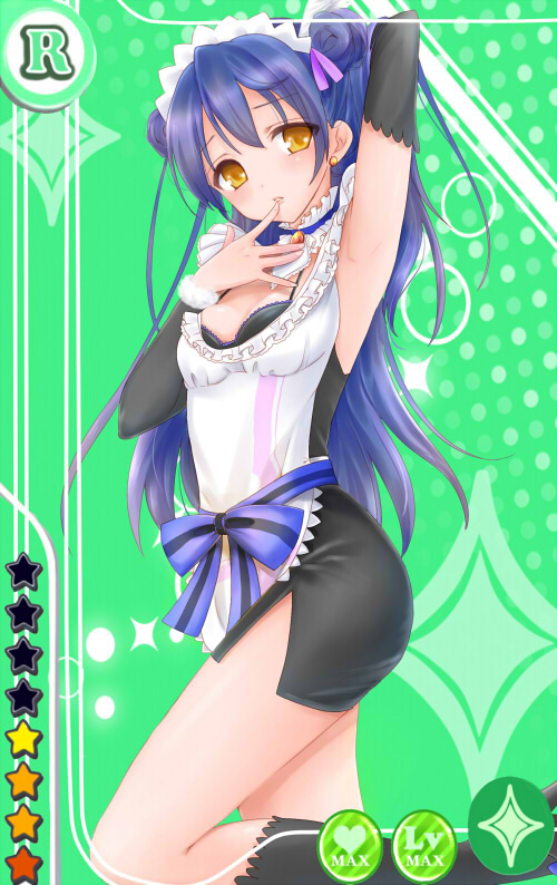 1girl apron arm_up armpits bangs blue_hair breasts cleavage commentary_request detached_sleeves earrings finger_to_mouth from_side green_background hair_between_eyes jewelry leg_up long_hair looking_at_viewer love_live! love_live!_school_idol_project maid maid_apron maid_headdress mogyutto_"love"_de_sekkin_chuu! small_breasts solo sonoda_umi yellow_eyes