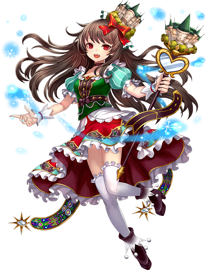 1girl :d alcazar_of_segovia_(oshiro_project) artist_request black_footwear brown_hair dress food frilled_dress frilled_skirt frills fruit full_body hair_ornament hair_ribbon holding holding_staff long_hair looking_at_viewer official_art open_mouth oshiro_project oshiro_project_re red_eyes ribbon skirt smile solo staff transparent_background white_legwear