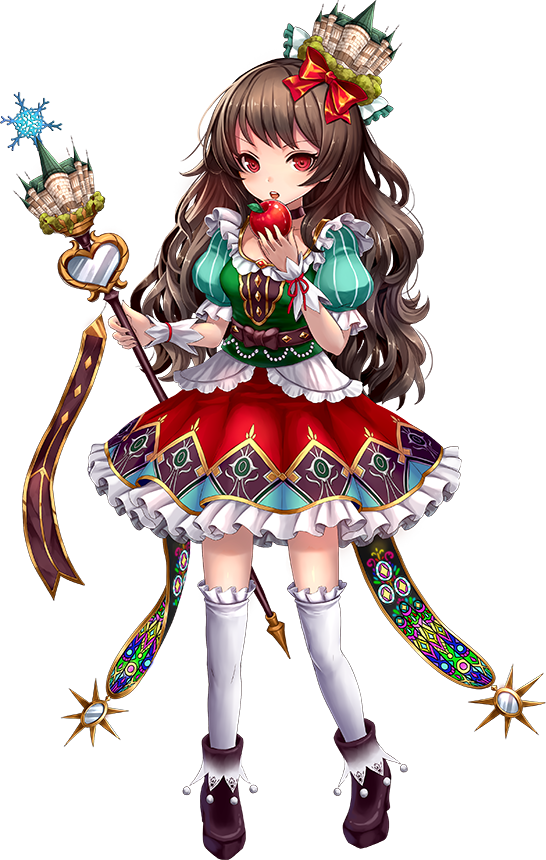 1girl alcazar_of_segovia_(oshiro_project) apple artist_request black_footwear brown_hair dress food frilled_dress frilled_skirt frills fruit full_body hair_ornament hair_ribbon holding holding_fruit holding_staff long_hair looking_at_viewer official_art oshiro_project oshiro_project_re red_eyes ribbon skirt solo staff transparent_background white_legwear