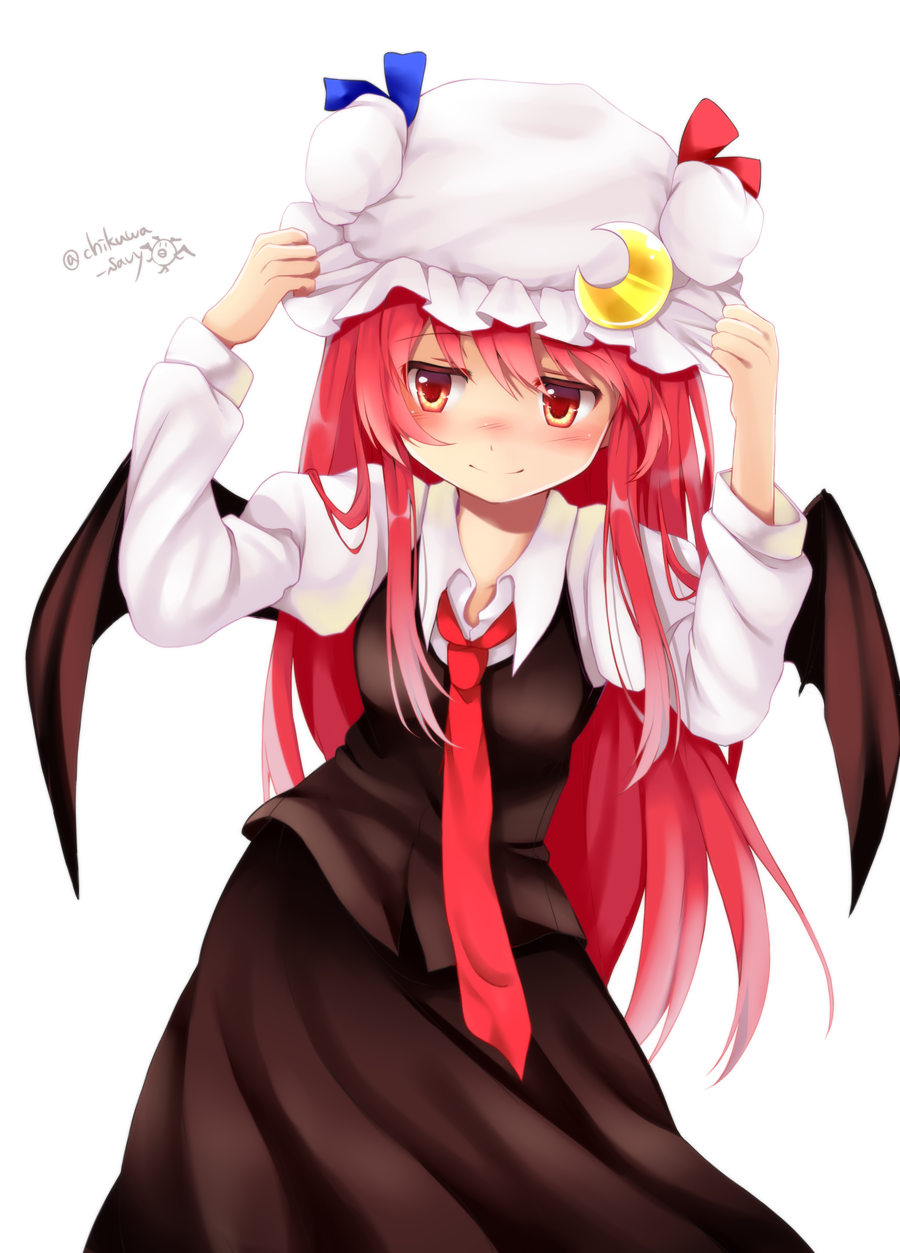 1girl artist_name black_skirt black_wings blue_ribbon blush chikuwa_savi closed_mouth commentary_request crescent crescent_moon_pin demon_wings hands_up hat hat_ribbon highres koakuma long_hair long_sleeves necktie red_eyes red_neckwear red_ribbon redhead ribbon simple_background skirt skirt_set smile solo touhou twitter_username white_background white_hat wing_collar wings