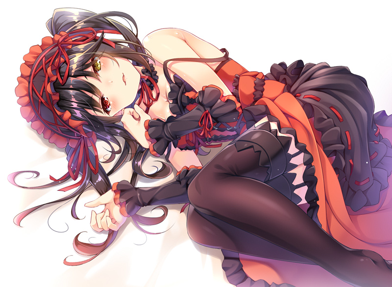 1girl black_hair black_legwear blush breasts center_frills cleavage clock_eyes date_a_live detached_collar dress frilled_dress frills garter_straps gothic_lolita hair_ribbon hairband heterochromia lolita_fashion lolita_hairband long_hair looking_at_viewer lying medium_breasts moeki_yuuta naughty_face no_shoes on_side parted_lips red_dress red_eyes red_ribbon ribbon ribbon-trimmed_dress shiny shiny_hair sleeveless sleeveless_dress smile strap_slip symbol-shaped_pupils thigh-highs tokisaki_kurumi twintails yellow_eyes zettai_ryouiki