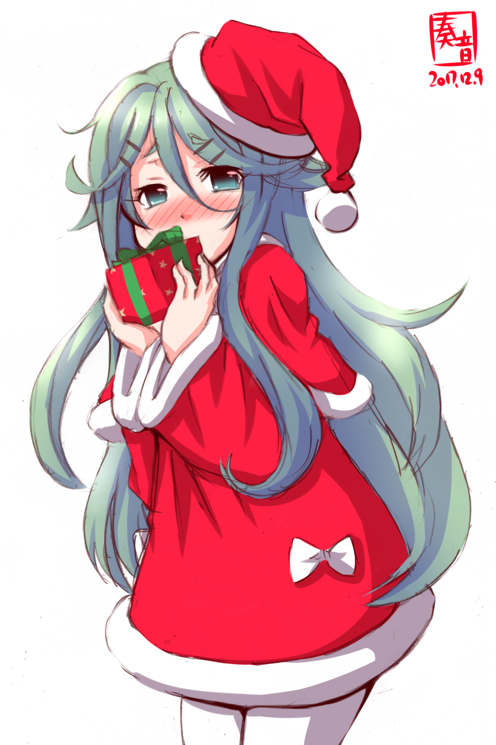 1girl blush covering_mouth cowboy dated dress gift green_eyes green_hair hair_ornament hairclip hat highres kanon_(kurogane_knights) kantai_collection logo looking_at_viewer pantyhose red_dress santa_costume santa_hat simple_background solo western white_background white_legwear yamakaze_(kantai_collection)