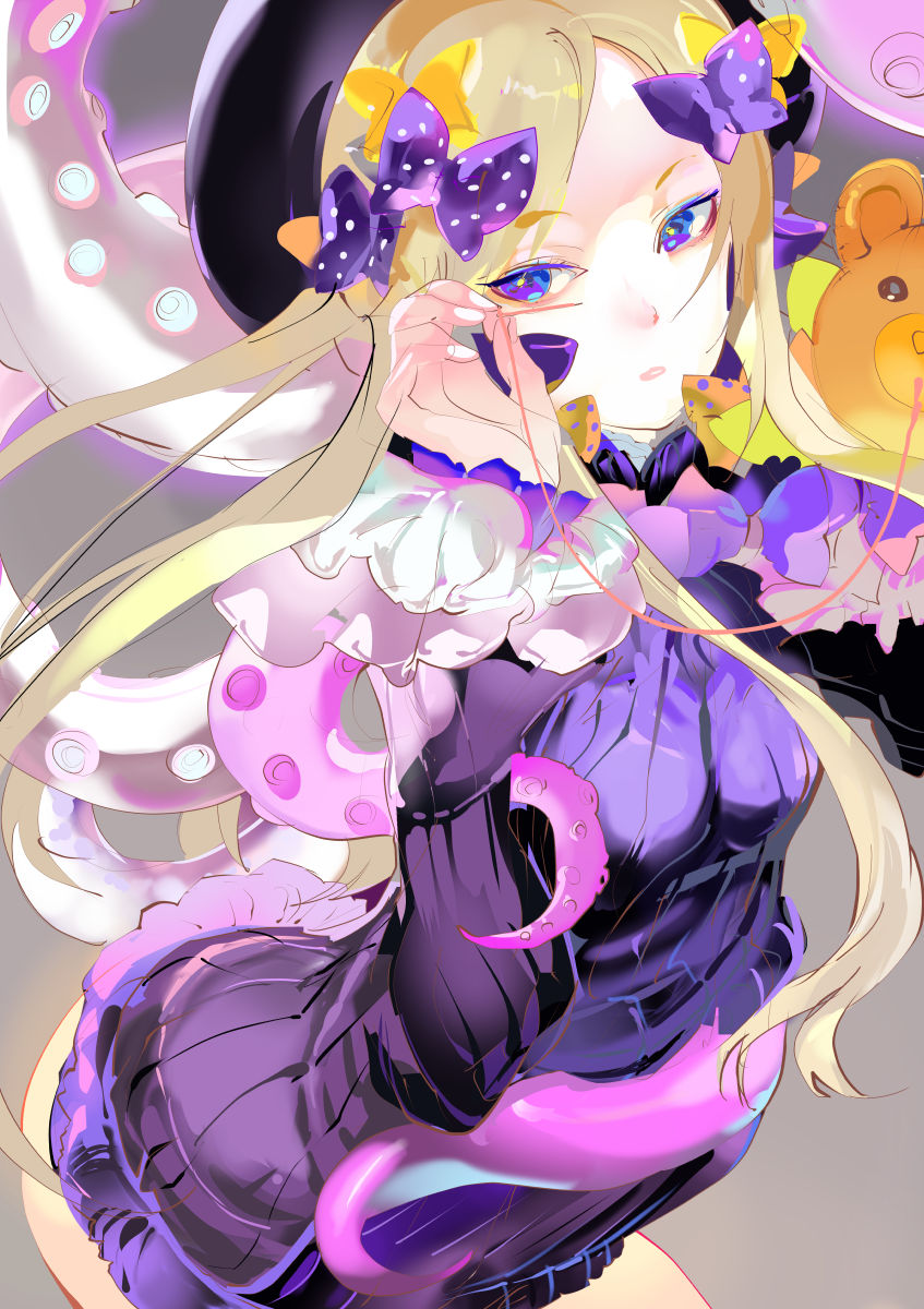 119 1girl abigail_williams_(fate/grand_order) arm_up bangs black_hat blonde_hair blue_eyes bow butterfly closed_mouth commentary_request dress eyebrows_visible_through_hair fate/grand_order fate_(series) fingernails hair_bow hands_in_sleeves hat highres long_sleeves looking_at_viewer object_hug orange_bow parted_bangs polka_dot polka_dot_bow purple_bow purple_dress solo stuffed_animal stuffed_toy suction_cups teddy_bear tentacle