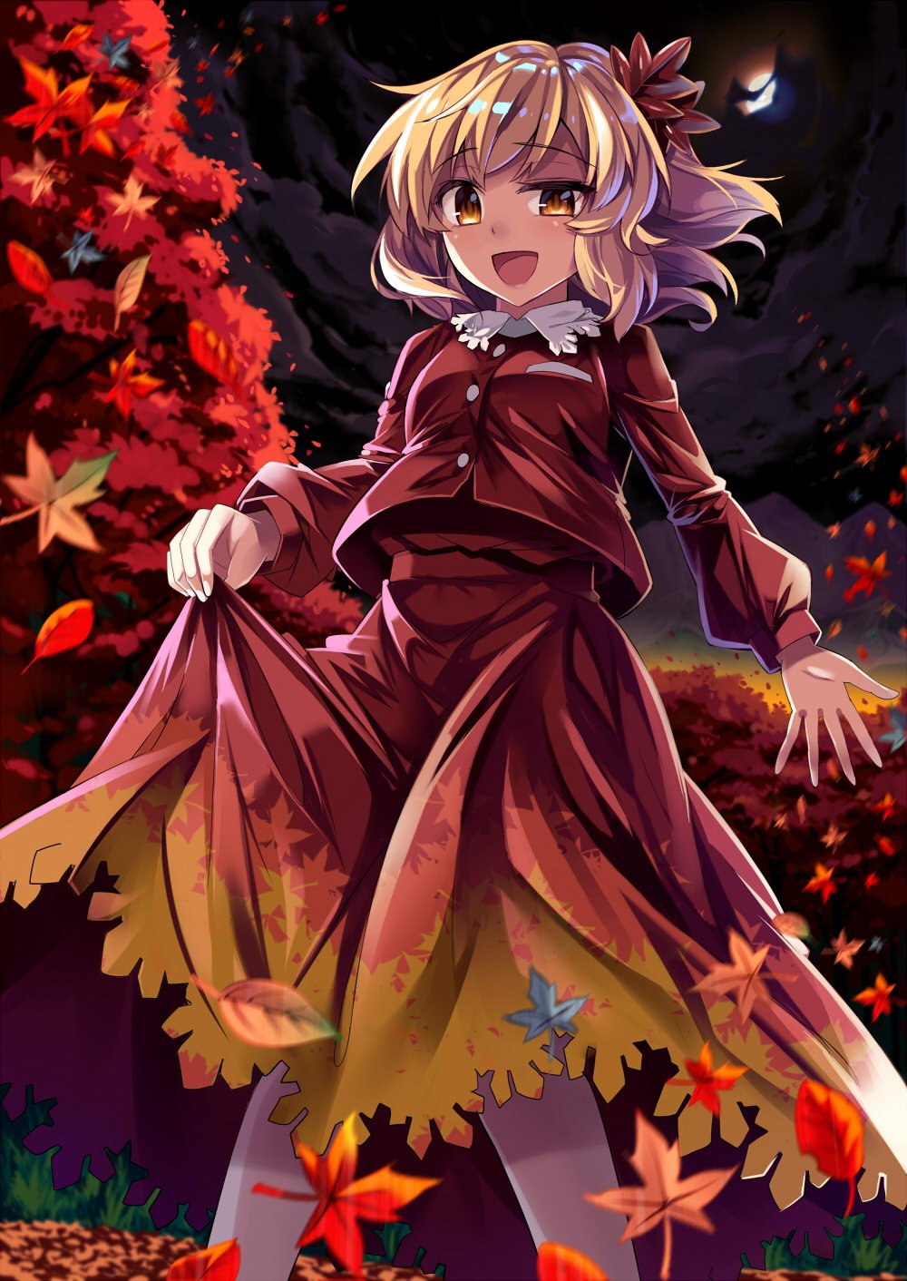 1girl aki_shizuha autumn autumn_leaves blonde_hair commentary_request e.o. forest hair_ornament highres leaf_hair_ornament long_hair looking_at_viewer moon mountain nature night night_sky open_mouth red_shirt red_skirt shirt short_hair skirt sky smile solo touhou yellow_eyes