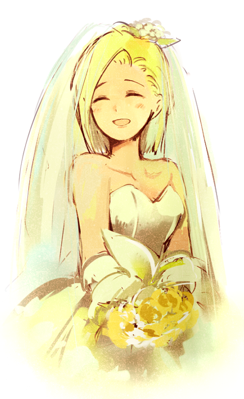 1girl android_18 bare_shoulders blonde_hair bouquet bridal_veil closed_eyes dragon_ball dragonball_z dress flower happy neko_ni_chikyuu open_mouth short_hair simple_background smile solo_focus veil wedding_dress white_background white_dress