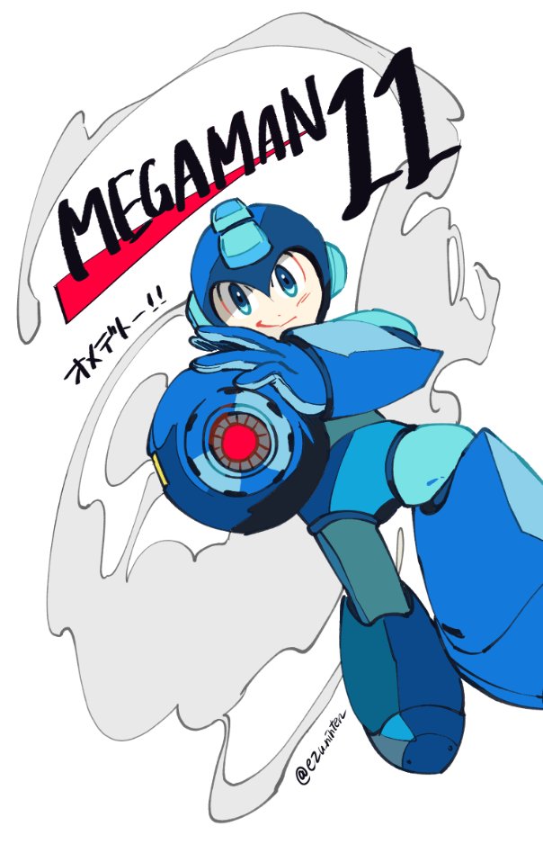 1boy android arm_cannon blue_eyes congratulations copyright_name helmet male_focus pointing pointing_at_viewer rockman rockman_(character) rockman_11 simple_background smile smoke solo weapon white_background