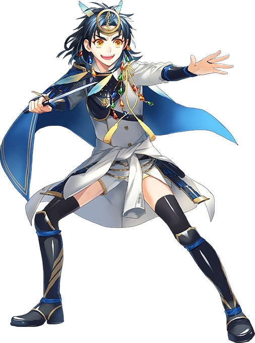 1boy :d armor black_legwear blue_hair cape feathers hair_feathers japanese_armor kiwame_(touken_ranbu) kote male_focus official_art open_mouth shin_guards smile sode taikogane_sadamune tantou tassel thigh-highs toichi_(ik07) touken_ranbu transparent_background v-shaped_eyebrows weapon yellow_eyes