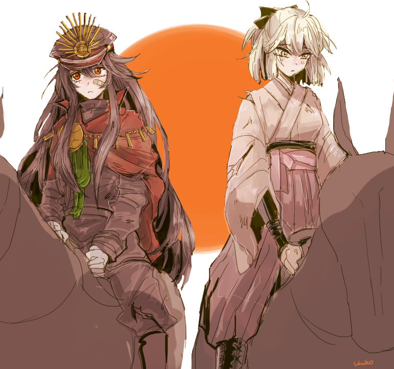 2girls ahoge artist_name bandaid bandaid_on_face black_bow blush bow brown_hair cape demon_archer fate_(series) frown hair_bow hat horseback_riding japanese_clothes kimono koha-ace long_hair looking_down multiple_girls obi oda_uri okita_souji_(fate) red_cape red_eyes riding sash sketch sun uhana very_long_hair white_hair yellow_eyes