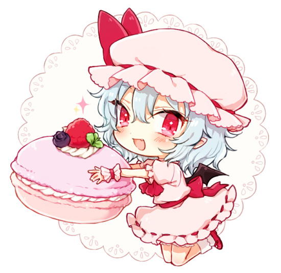 1girl ascot blush bow chibi cupcake fang food full_body hair_between_eyes hat hat_bow holding honotai kneeling light_blue_hair looking_at_viewer mob_cap open_mouth pink_hat pink_skirt pointy_ears puffy_short_sleeves puffy_sleeves red_bow red_eyes red_footwear remilia_scarlet sash shoes short_sleeves simple_background skirt skirt_set smile solo touhou white_background wrist_cuffs