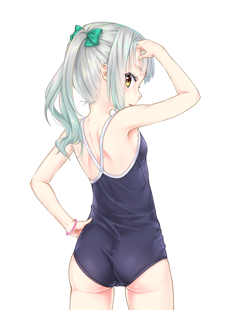 1girl arm_up ass blue_swimsuit bow breasts commentary_request competition_school_swimsuit cowboy_shot from_behind gotou_hisashi gradient_hair green_hair hair_bow hand_on_hip kantai_collection kasumi_(kantai_collection) long_hair looking_back multicolored_hair one-piece_swimsuit parted_lips profile school_swimsuit side_ponytail silver_hair simple_background small_breasts solo swimsuit two-tone_hair white_background wristband yellow_eyes