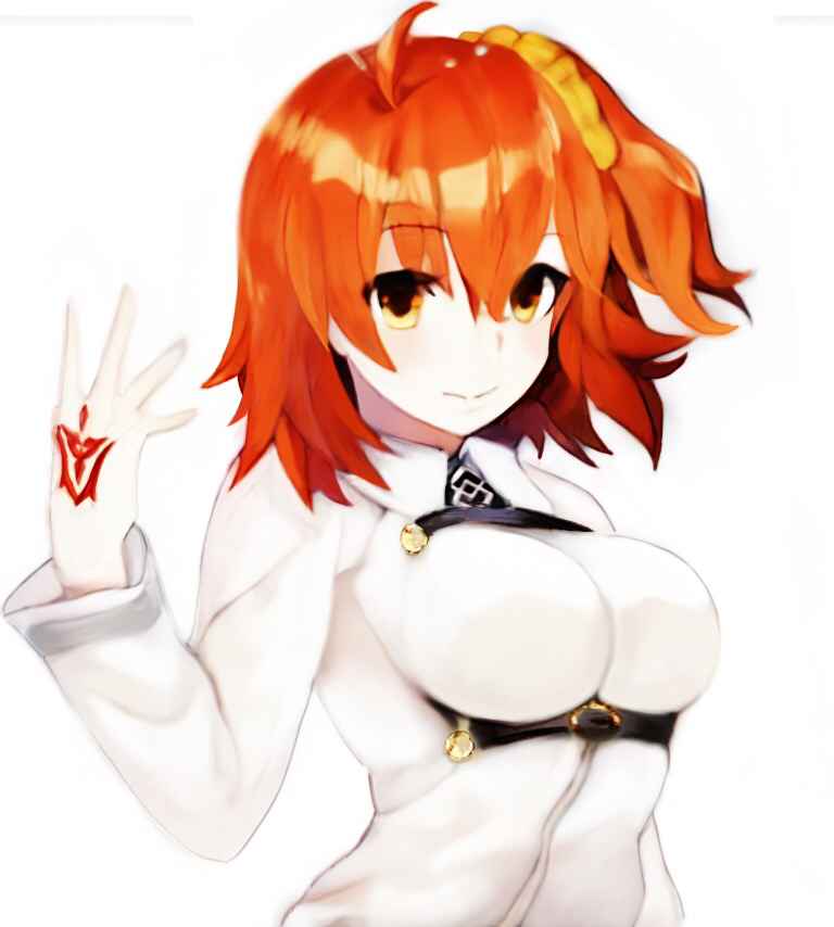 1girl ahoge artrageousgirl breasts command_spell fate/grand_order fate_(series) fujimaru_ritsuka_(female) hair_between_eyes impossible_clothes impossible_shirt large_breasts looking_at_viewer orange_eyes orange_hair shirt short_hair side_ponytail smile solo upper_body white_background