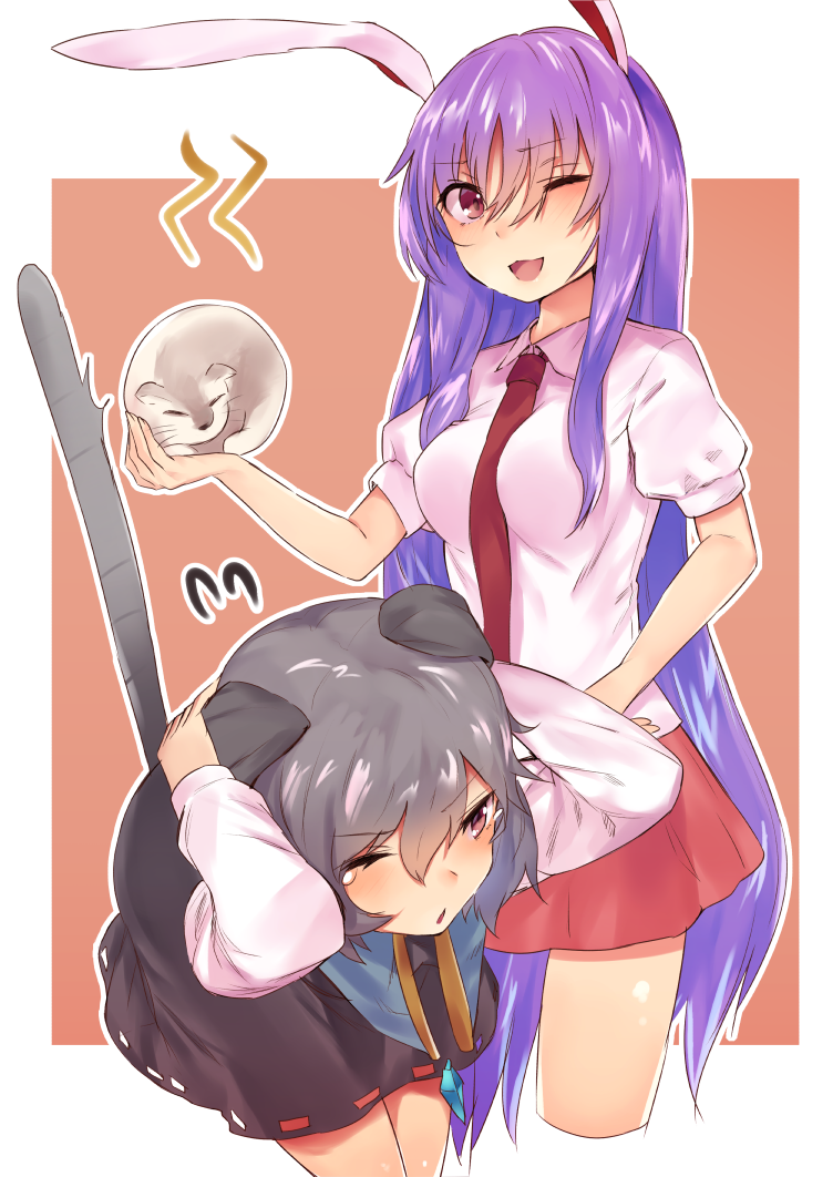 2girls animal_ears asuzemu between_breasts breasts cat collared_shirt dress flying_sweatdrops grey_dress grey_hair hair_between_eyes large_breasts long_hair looking_at_viewer miniskirt mouse_ears mouse_tail multiple_girls nazrin necktie necktie_between_breasts one_eye_closed puffy_short_sleeves puffy_sleeves purple_hair rabbit_ears red_eyes red_neckwear reisen_udongein_inaba scared shirt short_sleeves skirt smile tail touhou very_long_hair wing_collar