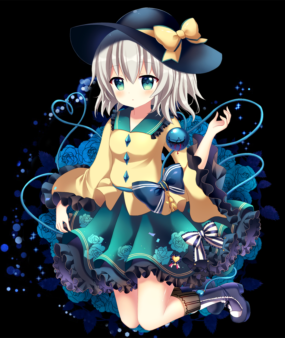 1girl boots bow breasts commentary floral_print frills green_eyes green_hair green_skirt hat hat_bow heart heart_of_string komeiji_koishi long_sleeves mayo_(miyusa) shirt short_hair skirt small_breasts solo third_eye touhou wide_sleeves yellow_bow yellow_shirt