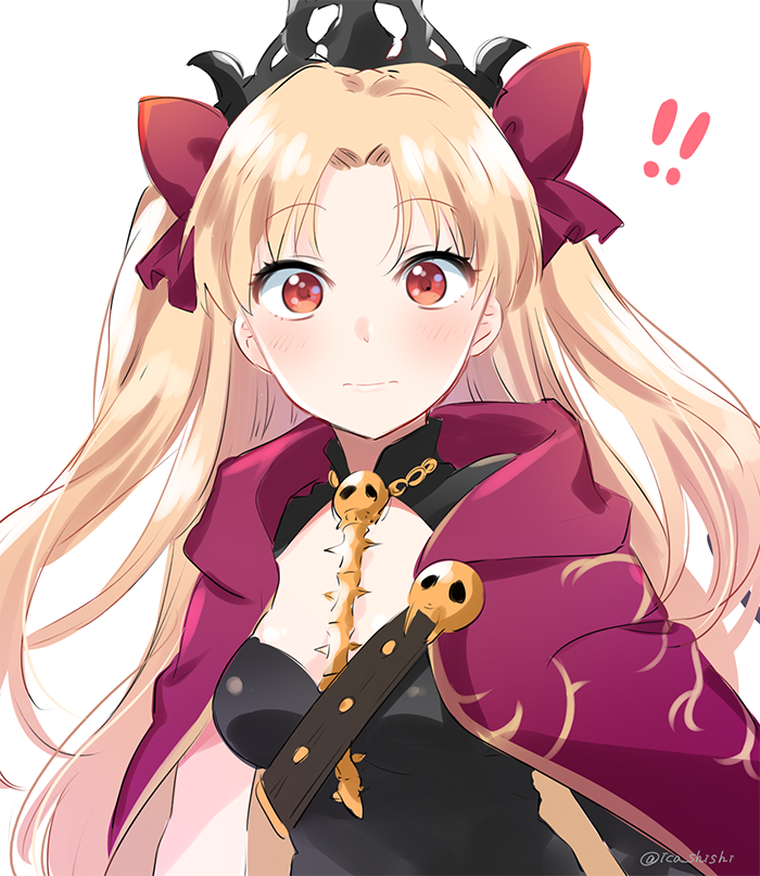 !! 1girl black_dress blonde_hair blush bow breasts cape closed_mouth crown dress ereshkigal_(fate/grand_order) eyebrows_visible_through_hair fate/grand_order fate_(series) hair_bow ica jewelry long_hair looking_at_viewer medium_breasts necklace purple_cape red_eyes simple_background solo spine surprised tohsaka_rin twitter_username upper_body white_background wide-eyed