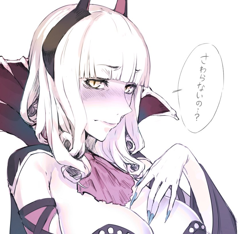 1girl ascot bangs blue_nails blunt_bangs blush breasts cape carmilla_(fate/grand_order) cleavage closed_mouth eyebrows_visible_through_hair fate/grand_order fate_(series) fingernails hand_on_own_chest horns large_breasts looking_at_viewer medium_hair nail_polish purple_neckwear sharp_fingernails simple_background slit_pupils solo soropippub speech_bubble translation_request underwear white_background yellow_eyes