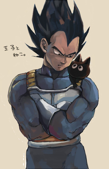 1boy animal armor black_eyes black_hair cat crossed_arms dragon_ball dragonball_z frown grey_background looking_at_another male_focus mkmksan serious simple_background spiky_hair tama_(dragon_ball) translation_request vegeta