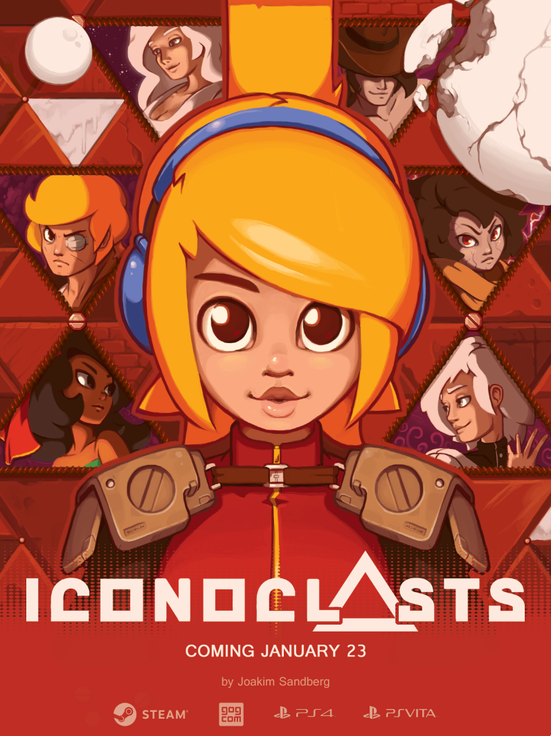 artist_name bangs black_hair blonde_hair breasts brown_eyes character_request cleavage cowboy_hat dark_skin ear_protection elro_(the_iconoclasts) eyepatch half_updo hat headphones joakim_sandberg lips long_hair mina_(the_iconoclasts) moon multiple_boys multiple_girls official_art one-eyed pauldrons poster promotional_art red_eyes robin_(the_iconoclasts) royal_(the_iconoclasts) solo_focus swept_bangs the_iconoclasts turtleneck white_hair zipper