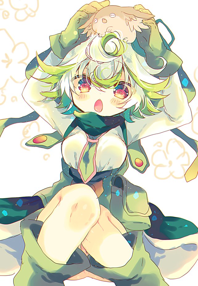 1girl :o blush boots breasts commentary_request creature eyebrows_visible_through_hair gloves green_footwear green_gloves green_hair green_skirt hair_between_eyes hat high-waist_skirt knees_together_feet_apart long_sleeves looking_at_viewer made_in_abyss medium_breasts meinya_(made_in_abyss) nekotorina open_mouth prushka red_eyes shirt short_hair sitting skirt white_shirt