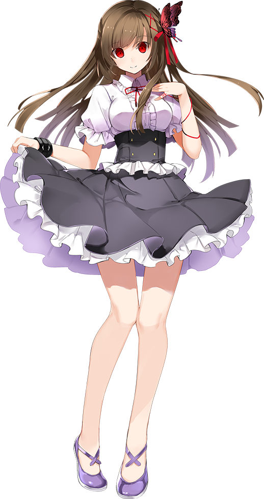 1girl black_skirt blouse breasts brown_hair butterfly_hair_ornament corset empty_eyes full_body hair_ornament hair_ribbon high-waist_skirt high_heels large_breasts lifted_by_self long_hair looking_at_viewer meme_attire nagato_shizuki_(oshiro_project) official_art oshiro_project oshiro_project_re purple_footwear red_eyes ribbon skirt skirt_lift solo transparent_background virgin_killer_outfit white_blouse x_hair_ornament yuuki_kira