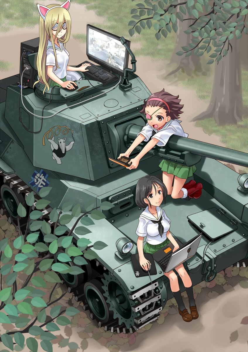 3girls animal_ears anteater bangs black_legwear black_neckwear blonde_hair blouse boots brown_eyes brown_footwear brown_hair cat_ears closed_mouth coke-bottle_glasses commentary_request computer computer_keyboard computer_mouse day emblem eyepatch fake_animal_ears food freckles fruit girls_und_panzer green_skirt grey_eyes grey_hair ground_vehicle gymnastics_ribbon hair_pulled_back hairband handheld_game_console highres holding katahira_masashi knee_boots kneeling laptop loafers long_hair looking_at_another looking_up military military_vehicle miniskirt momogaa monitor motor_vehicle mousepad multiple_girls neckerchief nekonyaa ooarai_school_uniform open_mouth outdoors parted_bangs peach pink_hairband piyotan pleated_skirt ponytail red_footwear school_uniform serafuku shoes short_hair short_sleeves sitting skirt smile socks tank tree type_3_chi-nu white_blouse