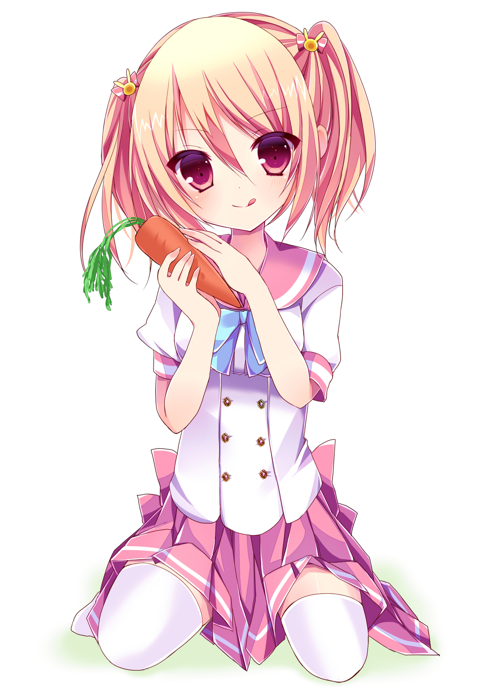 1girl :q ai_1003 bangs blush bow breasts bunny_hair_ornament carrot closed_mouth eyebrows_visible_through_hair food full_body hair_between_eyes hair_bow hair_ornament hands_up head_tilt highres holding holding_food light_brown_hair looking_at_viewer medium_breasts original pink_sailor_collar pink_skirt pleated_skirt puffy_short_sleeves puffy_sleeves red_eyes sailor_collar school_uniform serafuku shirt short_sleeves sitting skirt smile solo striped striped_bow thigh-highs tongue tongue_out twintails wariza white_background white_legwear white_shirt