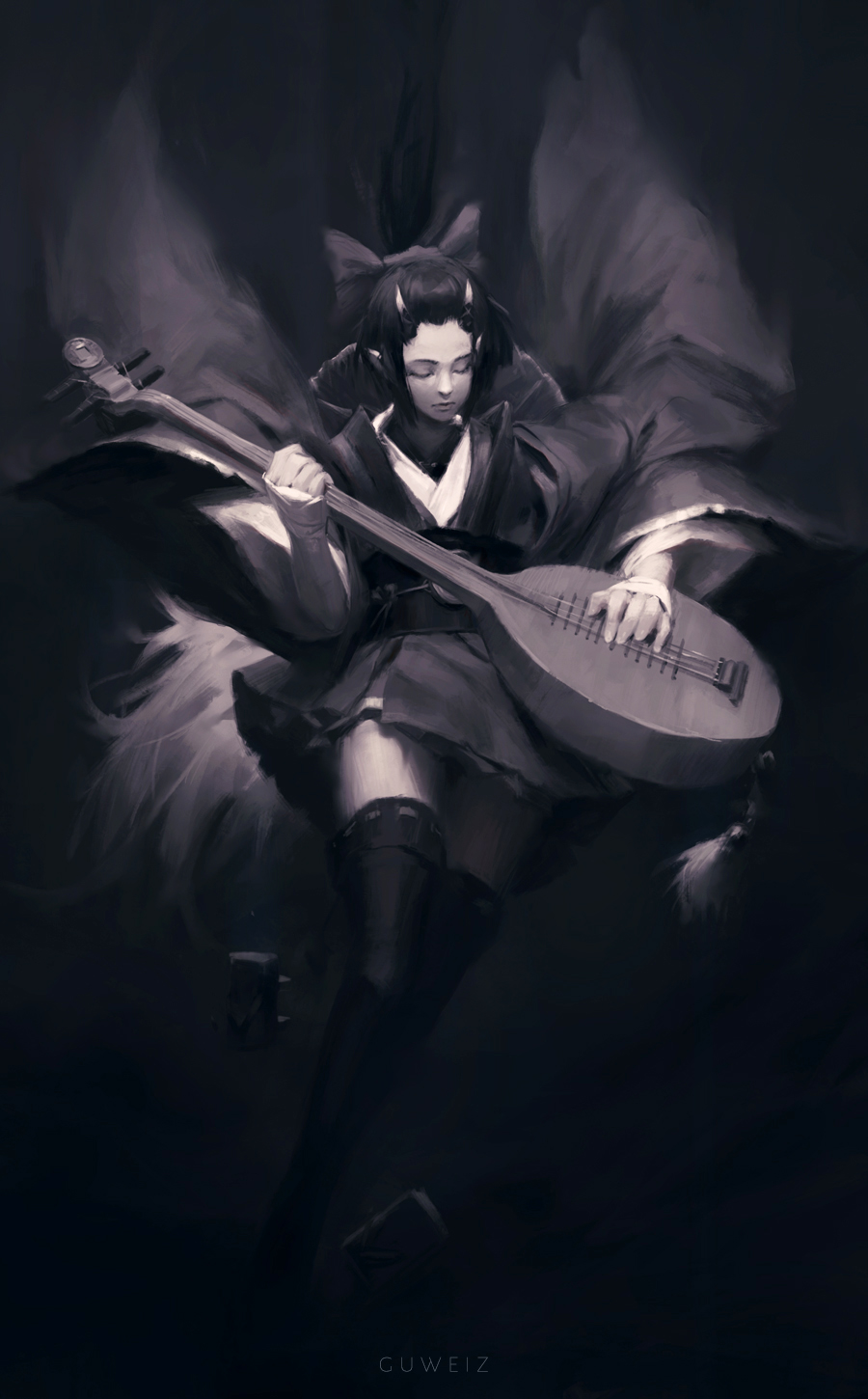 1girl artist_name bangs_pinned_back closed_eyes closed_mouth facing_viewer greyscale guweiz highres holding holding_instrument instrument japanese_clothes kimono long_sleeves monochrome music obi oni oni_horns original pipa_(instrument) playing_instrument sash short_hair short_kimono solo thigh-highs wide_sleeves