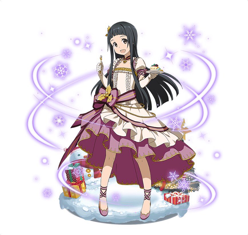 1girl :d black_eyes black_hair box choker christmas_tree collarbone dress elbow_gloves full_body gift gift_box gloves hair_ornament hime_cut holding long_dress long_hair looking_at_viewer open_mouth short_sleeves simple_background smile solo sword_art_online very_long_hair white_background white_dress white_gloves yui_(sao)