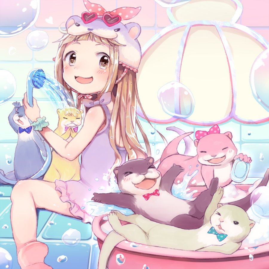 &gt;_&lt; &gt;_o 1girl :d animal basin bathroom brown_eyes commentary_request gum_(vivid_garden) ichihara_nina idolmaster idolmaster_cinderella_girls light_brown_hair long_hair one-piece_swimsuit one_eye_closed open_mouth otter shower_head smile solo swimsuit water xd