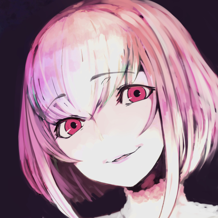 1girl blush breasts eyebrows_visible_through_hair face hair_between_eyes looking_at_viewer original parted_lips pink_eyes pink_hair portrait purple_background red_eyes short_hair simple_background sketch smile solo soropippub