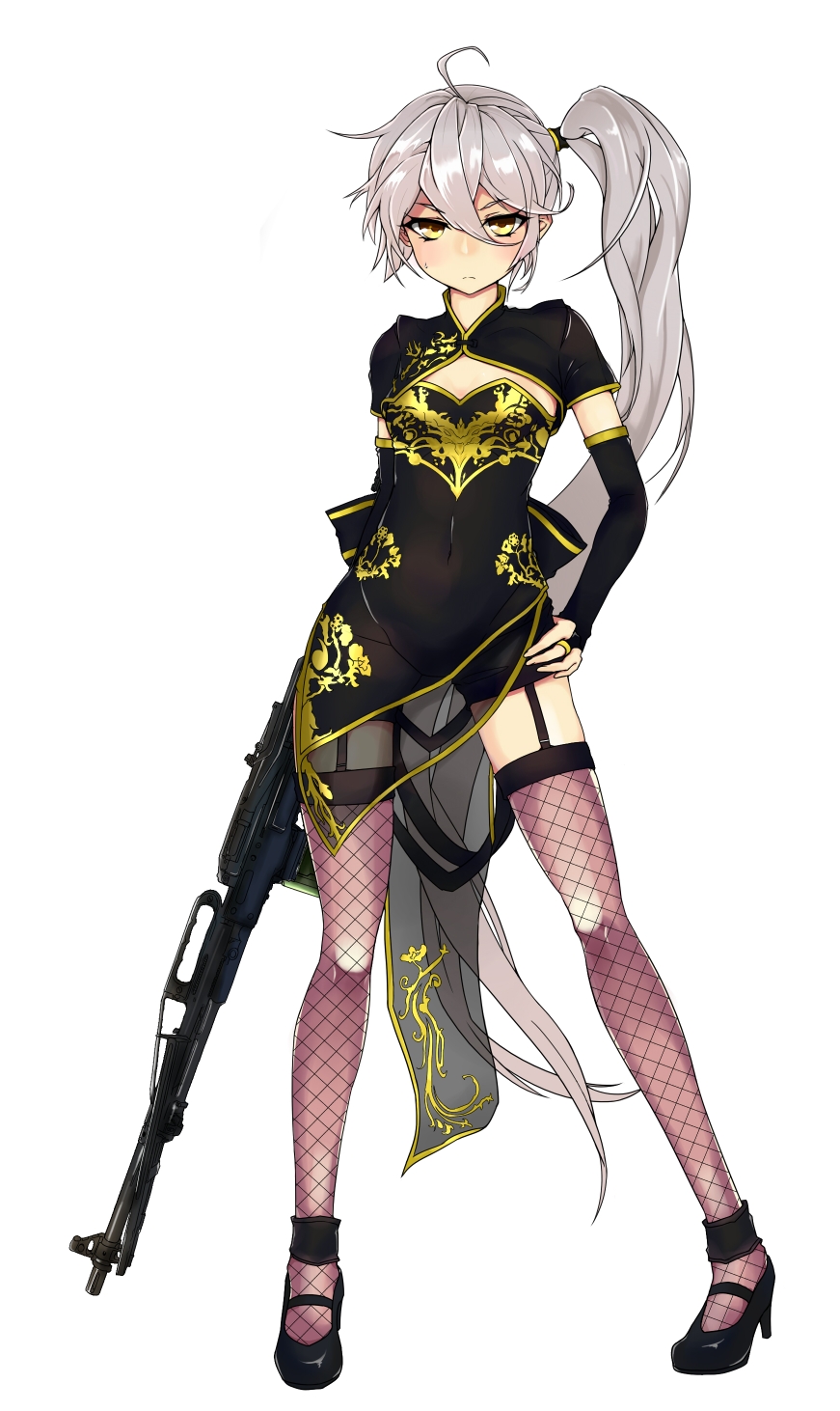 1girl ahoge bangs black_footwear black_pants blush china_dress chinese_clothes closed_mouth dress earth9574 elbow_gloves eyebrows_visible_through_hair fishnet_pantyhose fishnets full_body garter_straps girls_frontline gloves gun hair_between_eyes hair_ornament hand_on_hip high_heels highres holding holding_gun holding_weapon jacket long_hair looking_at_viewer machine_gun pants pants_under_dress pantyhose pkp_(girls_frontline) pkp_pecheneg ribbon side_ponytail silver_hair simple_background solo standing sweatdrop thigh-highs thigh_strap thighs tsurime very_long_hair weapon white_background yellow_eyes zettai_ryouiki