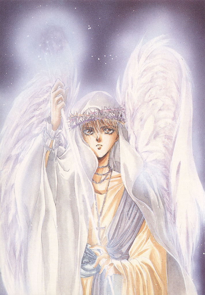 angel_sanctuary crown crown_of_thorns feathered_wings jewelry mudou_setsuna necklace short_hair white_wings wings yuki_kaori