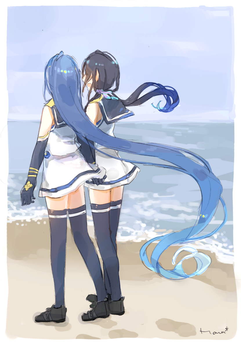 2girls beach black_gloves blue_hair elbow_gloves from_behind gloves gradient_hair hana_(hana_sh_love) kantai_collection long_hair low_twintails multicolored_hair multiple_girls open_mouth samidare_(kantai_collection) school_uniform serafuku shirt signature sleeveless sleeveless_shirt suzukaze_(kantai_collection) thigh-highs twintails very_long_hair