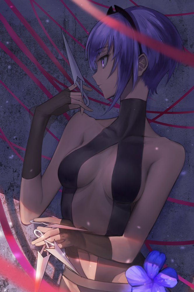 1girl assassin_(fate/prototype_fragments) bangs bare_shoulders black_gloves black_leotard black_skin breasts closed_mouth eyebrows_visible_through_hair fate/prototype fate/prototype:_fragments_of_blue_and_silver fate_(series) fingerless_gloves gloves hairband holding holding_weapon leotard looking_to_the_side medium_breasts mins_(minevi) navel parted_lips profile purple_hair short_hair solo standing upper_body violet_eyes weapon