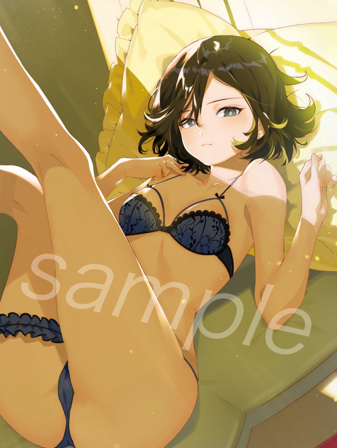 1girl aruterra ass bangs black_eyes black_hair blue_bra blue_panties bra breasts closed_mouth commentary_request day garters highres indoors lace lace-trimmed_bra legs_up lingerie looking_at_viewer lying messy_hair on_back original panties pillow sample short_hair small_breasts solo sunlight underwear underwear_only