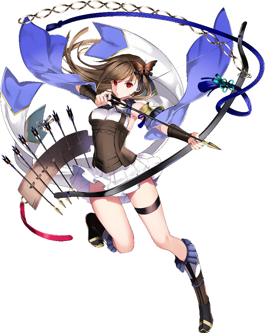 1girl boots bow_(weapon) breasts brown_hair butterfly_hair_ornament empty_eyes full_body hair_ornament holding holding_arrow holding_bow_(weapon) holding_weapon large_breasts nagato_shizuki_(oshiro_project) official_art oshiro_project oshiro_project_re pleated_skirt quiver red_eyes skirt transparent_background weapon white_skirt yuuki_kira