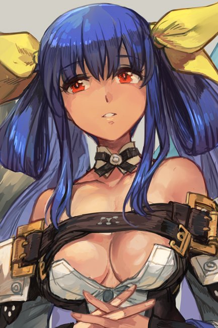 1girl bare_shoulders blue_hair bow breasts copyright_request detached_collar detached_sleeves dizzy fingernails grey_background hair_bow hankuri interlocked_fingers long_hair medium_breasts red_eyes simple_background smile solo twintails upper_body yellow_bow