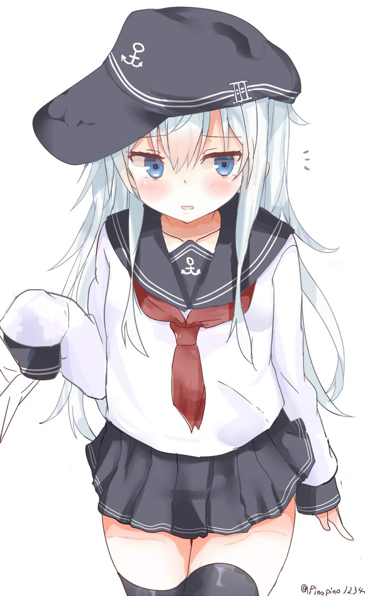 1girl black_legwear blue_eyes blue_skirt blush collarbone commentary cowboy flat_cap hat hibiki_(kantai_collection) highres kantai_collection long_hair neckerchief open_mouth pinoaisu pleated_skirt red_neckwear school_uniform serafuku silver_hair simple_background skirt sleeves_past_wrists solo thigh-highs twitter_username western white_background