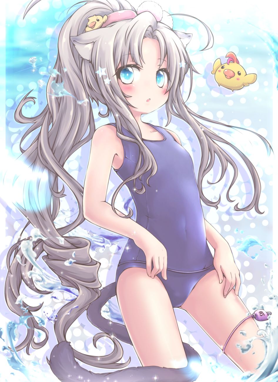 1girl akino_coto animal_ears bird blue_eyes cat_ears cat_tail chicken contrapposto cowboy_shot drill_hair flat_chest highres looking_at_viewer original ponytail school_swimsuit silver_hair solo swimsuit tail water