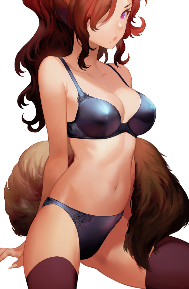 1girl arm_support blue_bra blue_panties bra breasts bright_pupils brown_hair cleavage closed_mouth commentary fingernails hair_over_one_eye large_breasts lips long_hair looking_at_viewer mole mole_under_mouth original panties ponytail salmon88 sharp_fingernails simple_background solo tail thigh-highs underwear underwear_only violet_eyes white_background