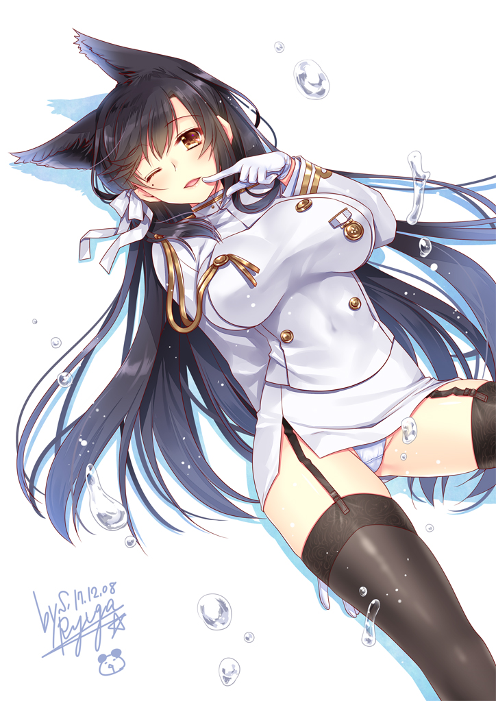 1girl ;) animal_ears atago_(azur_lane) azur_lane black_hair black_legwear breasts brown_eyes commentary_request dated finger_to_mouth garter_straps gloves large_breasts long_hair long_sleeves looking_at_viewer military military_uniform one_eye_closed open_mouth panties ryuuga_shou signature simple_background smile solo thigh-highs underwear uniform white_background white_gloves white_panties