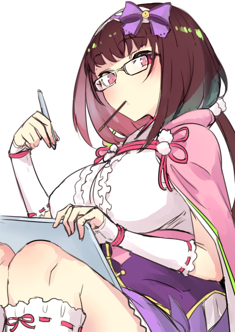 1girl bangs bow breasts brown_hair cape detached_sleeves eyebrows_visible_through_hair fate/grand_order fate_(series) food glasses hair_bow high-waist_skirt holding holding_pen large_breasts mouth_hold osakabe-hime_(fate/grand_order) pen pink_cape pocky purple_bow purple_skirt red_eyes shirt simple_background sitting skirt socks solo soropippub tablet white_background white_legwear white_shirt