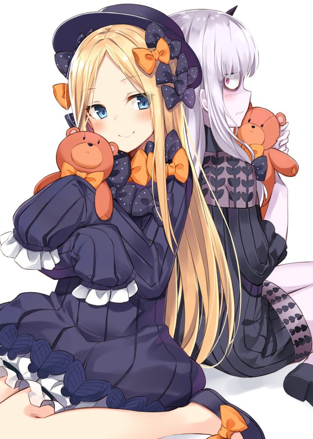 2girls abigail_williams_(fate/grand_order) back-to-back bags_under_eyes bangs black_bow black_dress black_footwear black_hat blonde_hair bloomers blue_eyes blush bow butterfly closed_mouth commentary_request dress eyebrows_visible_through_hair fate/grand_order fate_(series) hair_bow hands_in_sleeves hat head_tilt horn lavinia_whateley_(fate/grand_order) long_hair long_sleeves looking_at_another looking_at_viewer looking_back multiple_girls object_hug orange_bow pale_skin parted_bangs pink_eyes polka_dot polka_dot_bow shoes sidelocks simple_background sitting smile stuffed_animal stuffed_toy takehana_note teddy_bear underwear very_long_hair wariza white_background white_bloomers