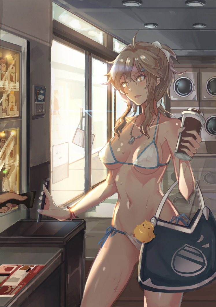 1girl :d ahoge bag bag_charm bare_arms bare_shoulders bikini blue_ribbon bracelet breasts breasts_apart brown_hair ceiling_light cellphone charm_(object) collarbone contrapposto counter cowboy_shot cup day door hair_ornament hair_ribbon hairclip holding holding_cup holding_phone indoors jewelry long_hair mai_(xskdizzy) medium_breasts mole mole_under_eye navel necklace open_mouth paper_cup phone ponytail reflective_floor ribbon shopping side-tie_bikini sidelocks sign smartphone smile solo_focus standing stomach sunlight sweat swimsuit under_boob vending_machine washing_machine white_bikini white_ribbon yellow_eyes