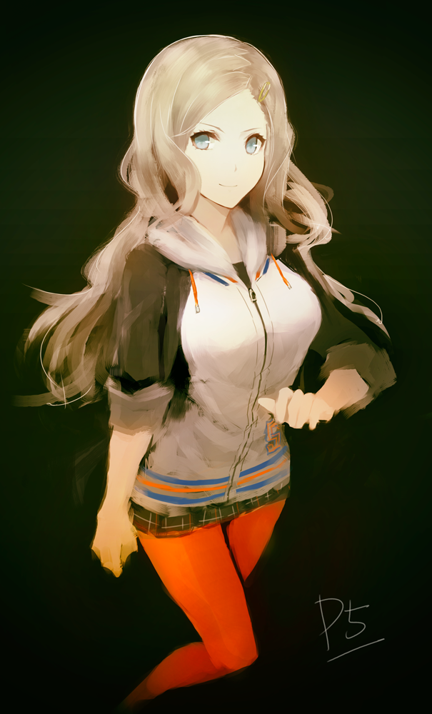 1girl alternate_hairstyle arm_at_side black_background blonde_hair blue_eyes closed_mouth cowboy_shot hair_ornament hairclip hand_up hood hood_down hoodie long_hair long_sleeves looking_at_viewer mozuyun persona persona_5 red_legwear simple_background skirt sleeves_rolled_up smile solo takamaki_anne