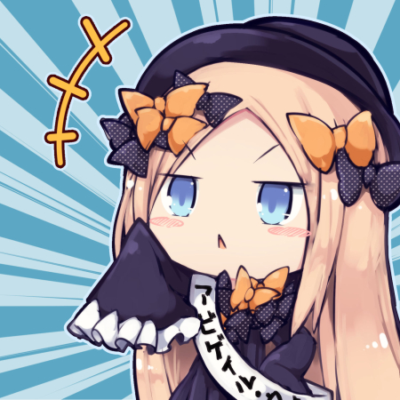 +++ 1girl abigail_williams_(fate/grand_order) bangs beni_shake black_bow black_dress black_hat blonde_hair blue_eyes blush_stickers bow chibi commentary_request dress eyebrows_visible_through_hair fate/grand_order fate_(series) hair_bow hands_in_sleeves hat long_hair long_sleeves looking_at_viewer lowres orange_bow parted_bangs parted_lips polka_dot polka_dot_bow sash solo translation_request triangle_mouth v-shaped_eyebrows very_long_hair