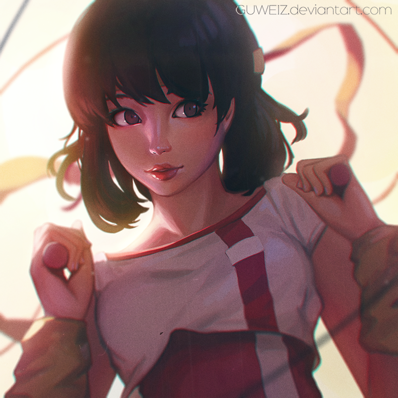 1girl black_eyes black_hair blurry blurry_background commission depth_of_field deviantart_username guweiz headband jump_rope lipstick long_sleeves looking_to_the_side makeup parted_lips red_lipstick shirt short_hair solo takaya_noriko top_wo_nerae! upper_body