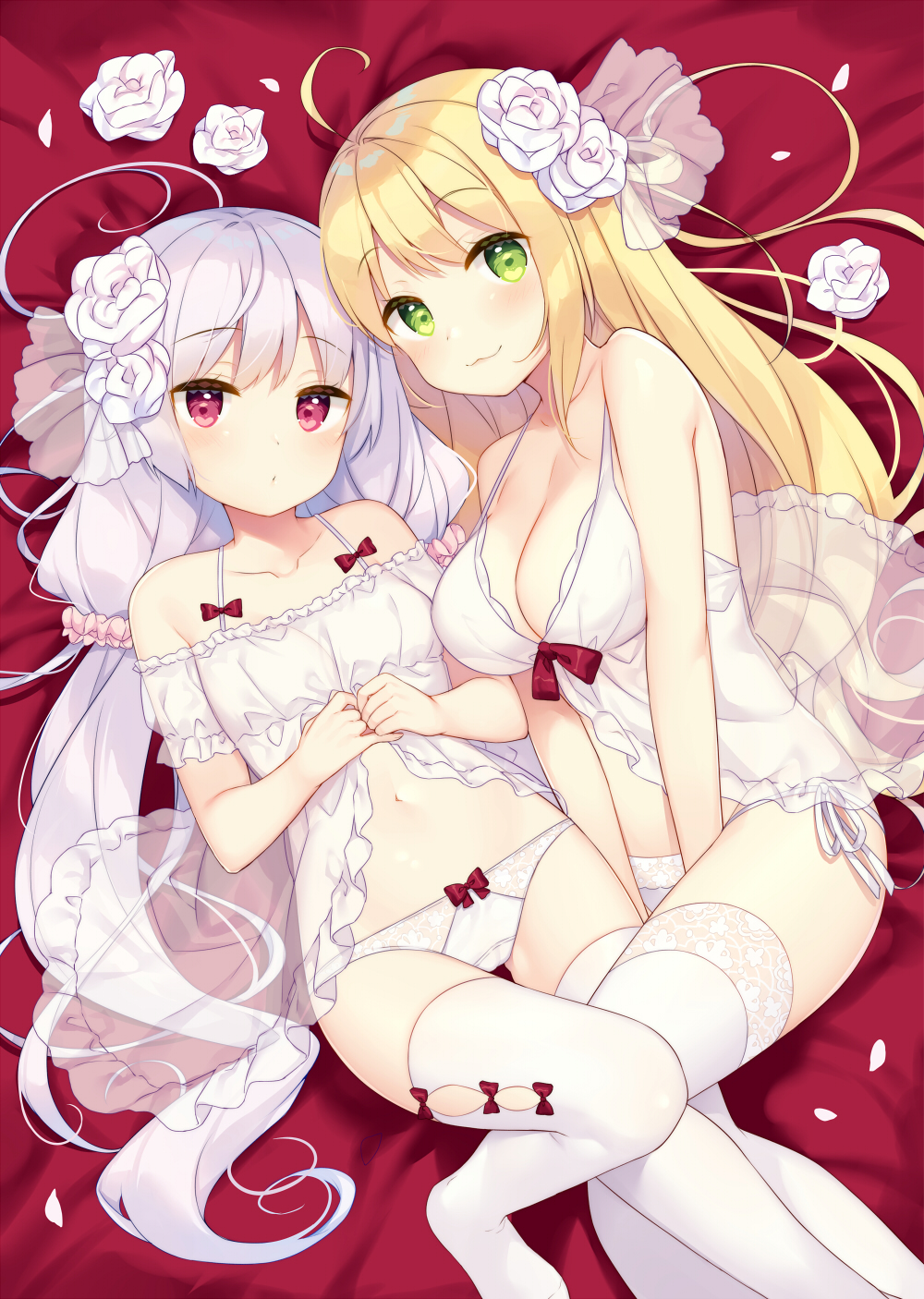 2girls :3 ahoge babydoll bangs bare_arms bare_shoulders bekotarou blonde_hair blush bow bow_panties breasts cleavage closed_mouth collarbone commentary_request eyebrows_visible_through_hair flower green_eyes hair_flower hair_ornament hair_scrunchie head_tilt highres large_breasts long_hair looking_at_viewer low_twintails lying multiple_girls navel no_shoes on_back on_side original panties pink_scrunchie red_bow red_eyes rose scrunchie side-tie_panties silver_hair thigh-highs twintails underwear very_long_hair white_legwear white_panties white_rose